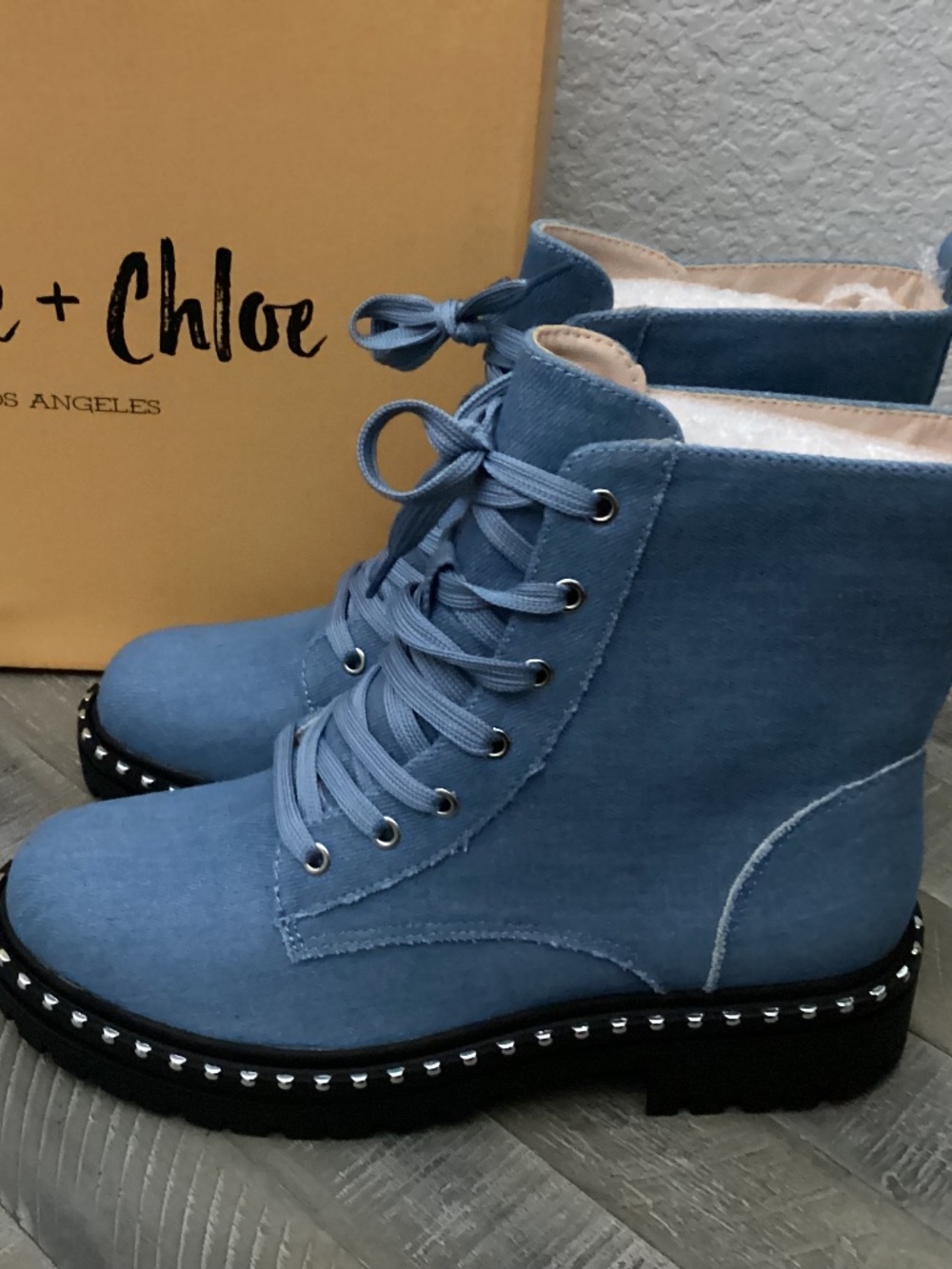 CHASE AND CHLOE Mira Studded Lug Combat Boot (Women), size 8